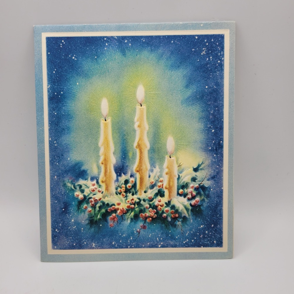 Vintage Christmas Card Candles Holly Berries Unused Made in USA Holiday Greeting